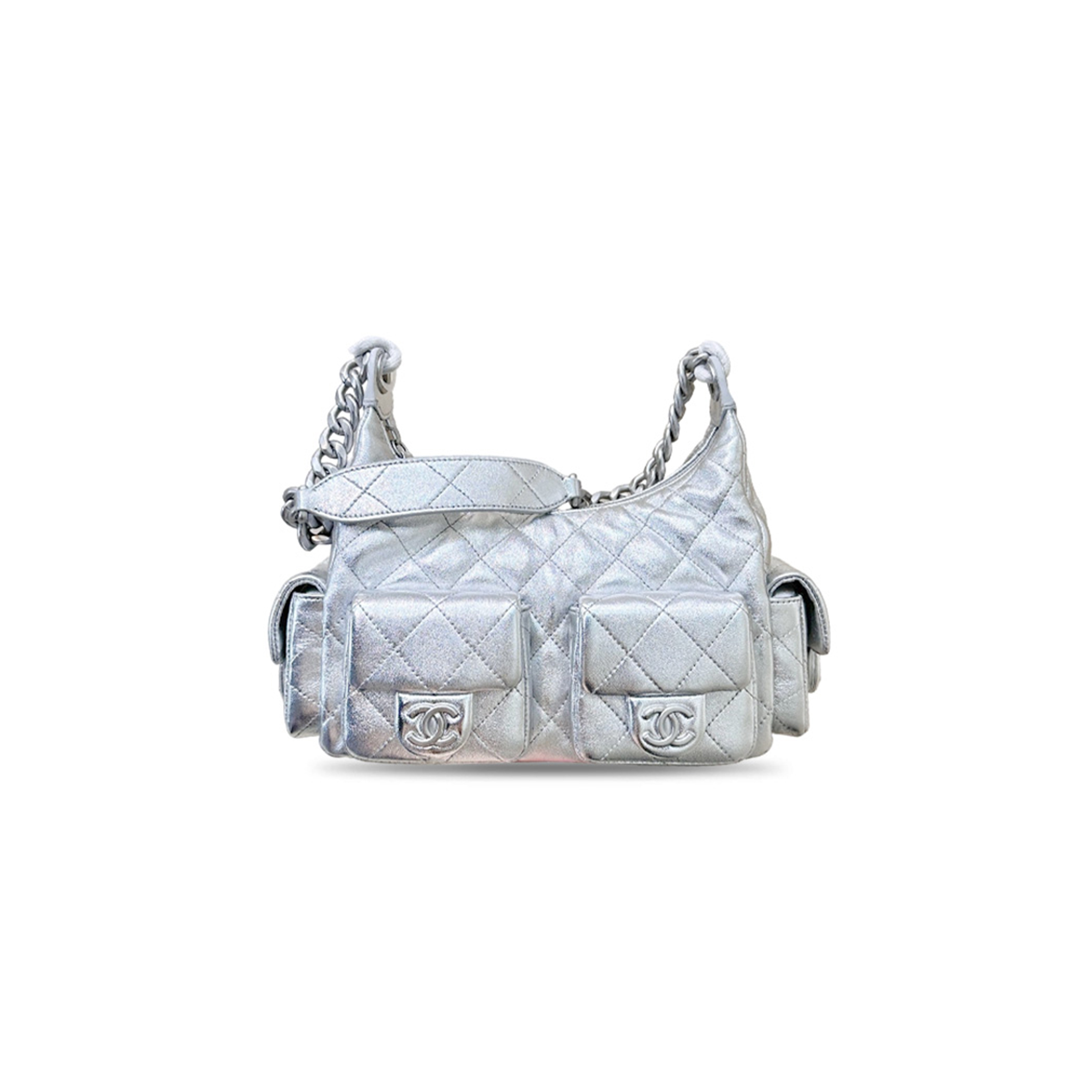 CHANEL METALLIC LAMBSKIN QUILTED TRENDY POCKETS HOBO SILVER (35*27*18cm)